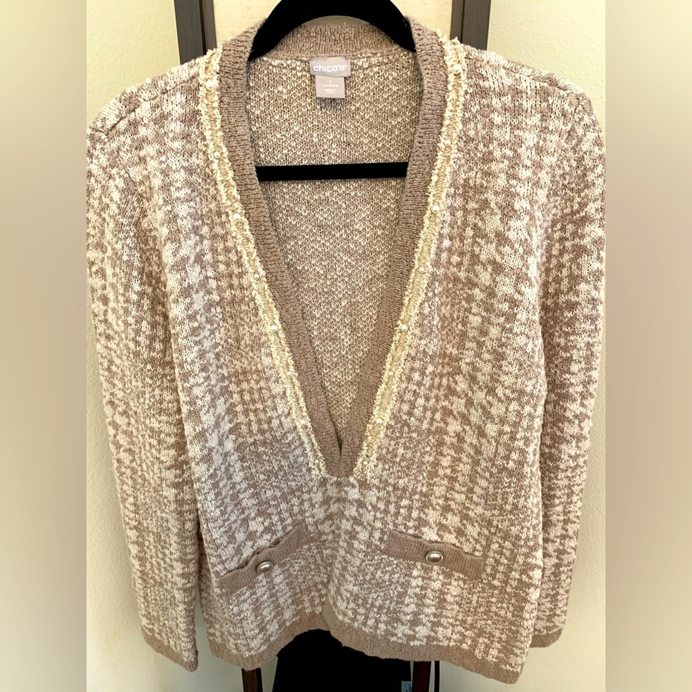 Chico’s cotton open front pearl trim sweater jacket  in vintage taupe heather 8